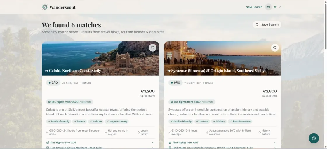 WanderScout search results showing matched destinations with match scores, prices and sources