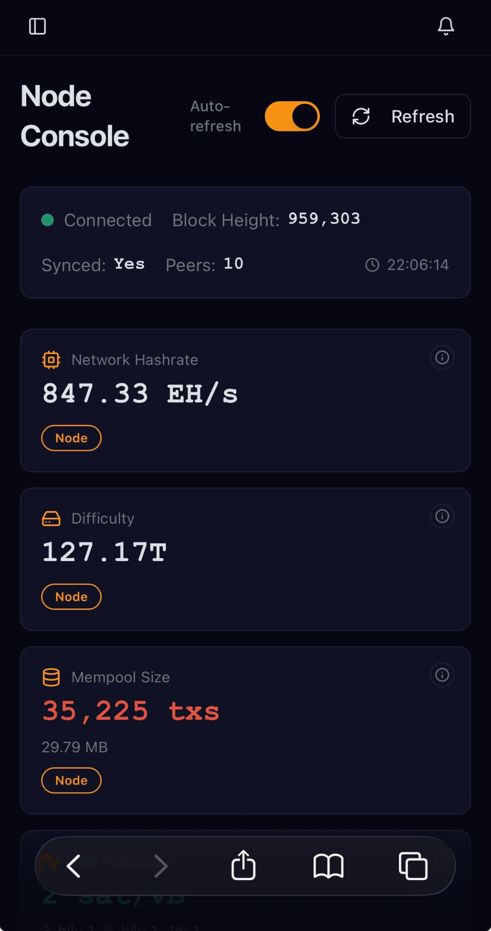 Node console showing block height, peer count, sync status, network hashrate and mempool size