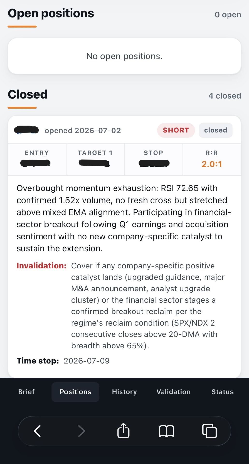 A closed paper trade showing the thesis, the invalidation condition and the time stop